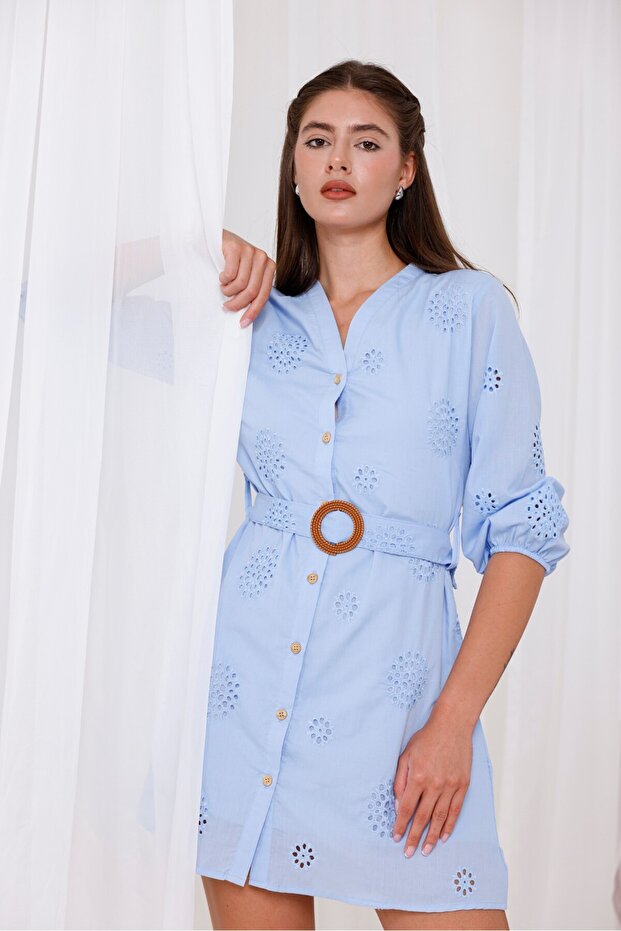 Fistolu Kemerli Mini Gömlek Elbise - 1