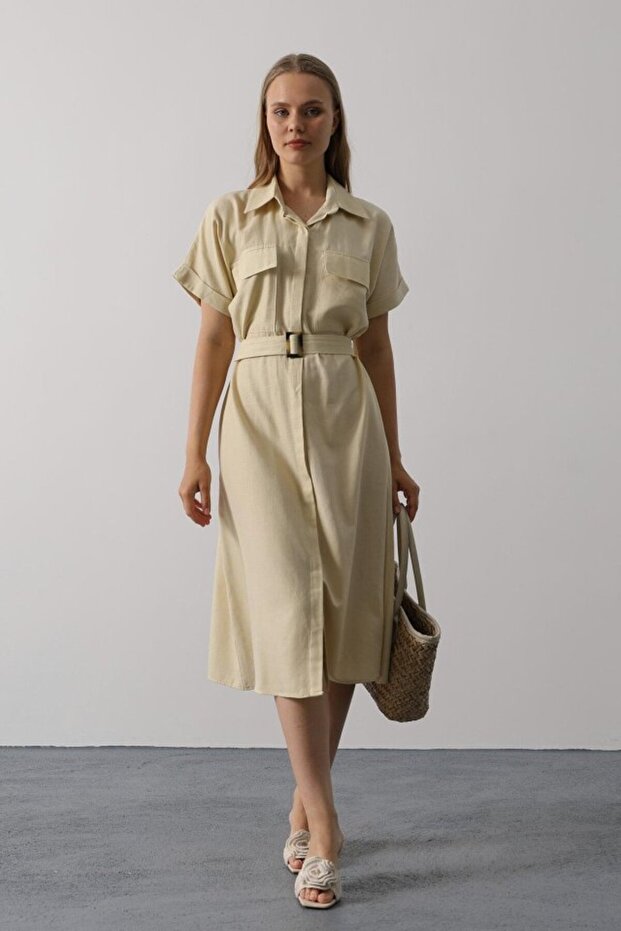 Belted Pocket Detailed Half Sleeve Dress - Ecru
