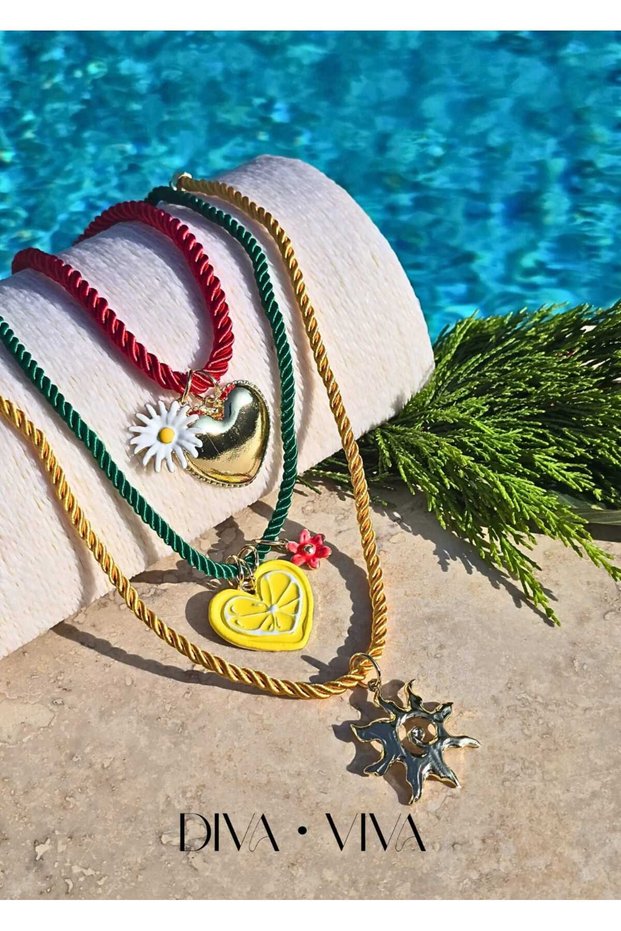 Tropico Trio - Women's Rope Necklace with 3 Hearts, Flowers and Sun Figures