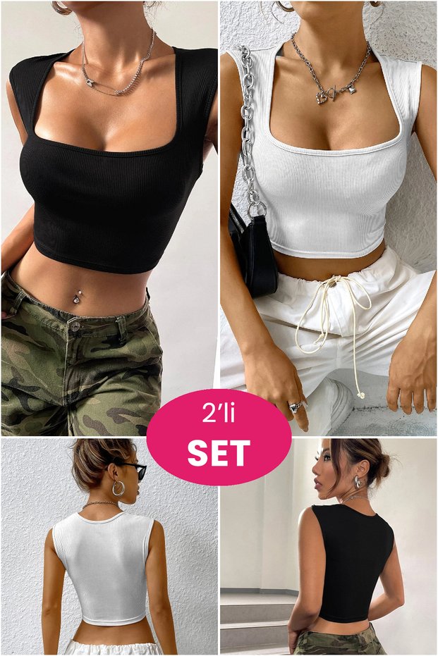 Women's Black and White Square Neck Thickening Shoulder Detailed Crop Top Blouse