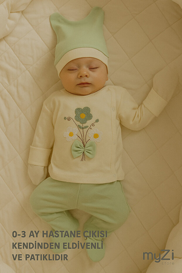 100% Cotton 3-Piece Hospital Release 0-3 Months Booties Bottom Long Sleeve Self-Gloves Top Eared Hat