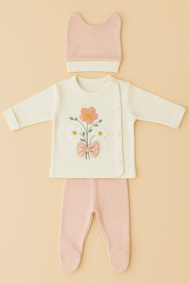 100% Cotton 3-Piece Hospital Release 0-3 Months Booties Bottom Long Sleeve Self-Gloves Top Eared Hat