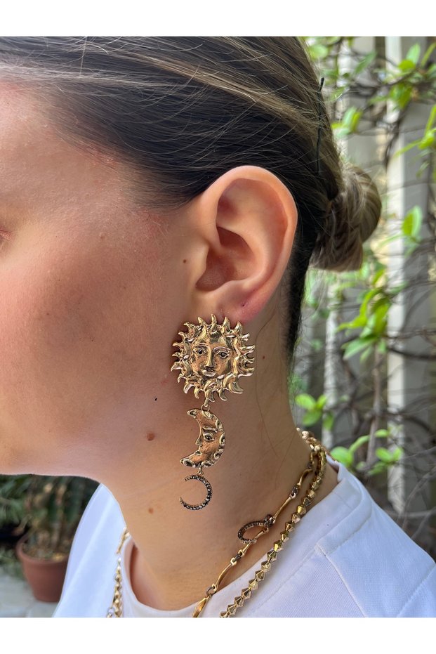 Gold Tone Sun Moon Crescent Figured Dangle Big Steel Earrings | Bohemian & Vintage Design