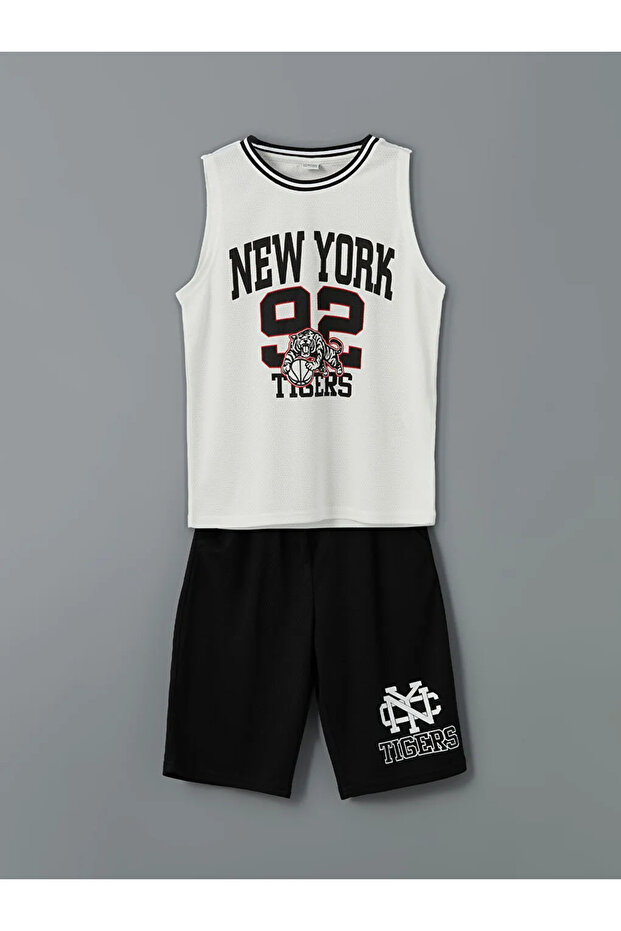 Lcw Kids White Crew Neck New York Printed Boys' Undershirt and Shorts