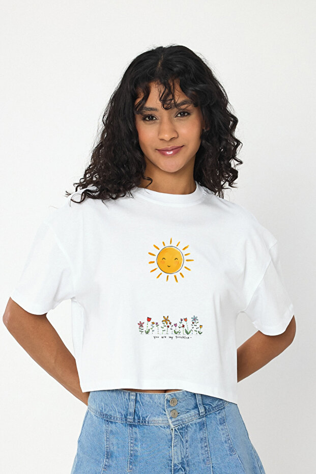 Women's Crew Neck Sun Printed Oversize Crop T-Shirt