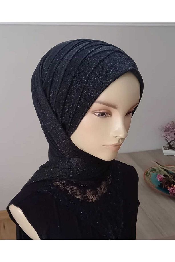 Siyah Tamamı Simli Eşarp Tipi Şal Modeli Hazır Duvak Hazır Şal Hazır Türban - 1