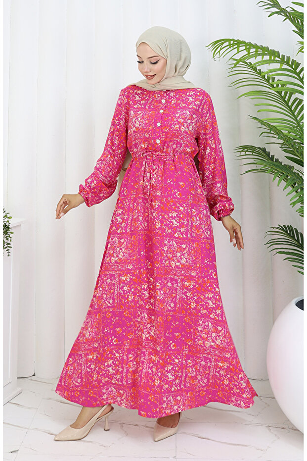 Waist Lace-Up Patterned Viscose Dress 2084-01 Fuchsia