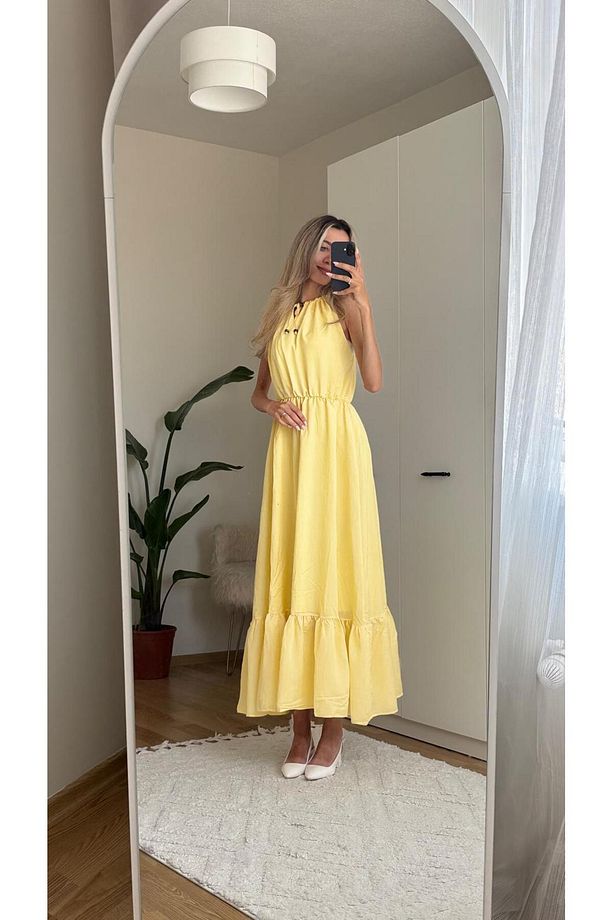 Sarı Elbise Fırfır ve Boncuk Detaylı - 2