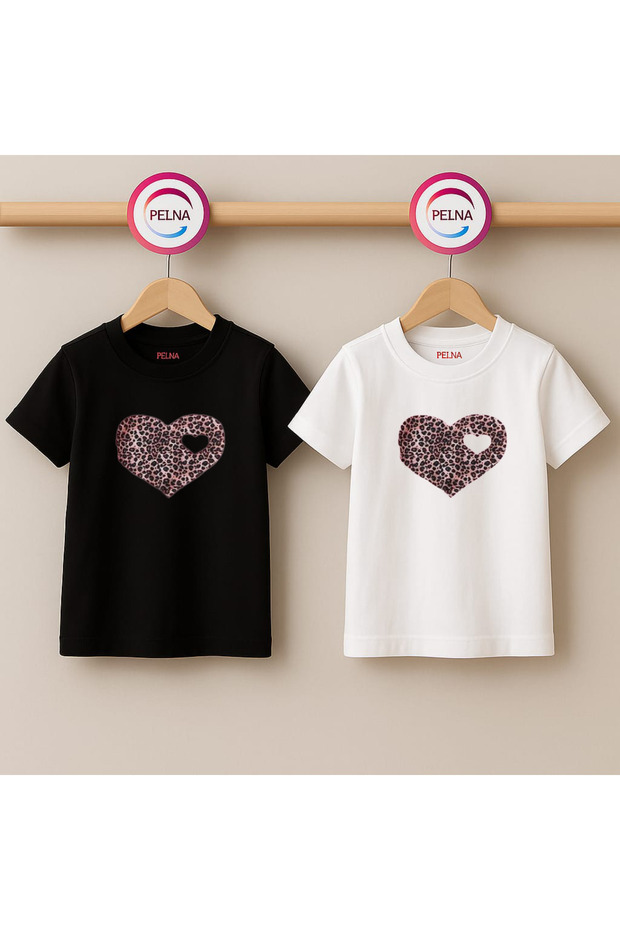 Children's Printed T-Shirt Black-White (2 Pieces) Crew Neck