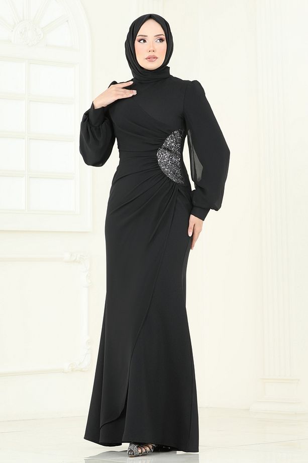 Pul Payetli Abiye Elbise 2770ASMK1074 Siyah - 2