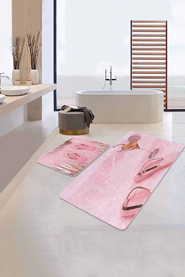 Pink Gold Detailed Slippers Designed 2-Piece Non-Slip Sole Bathroom & Kitchen Mat Set