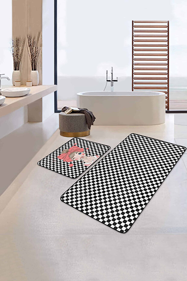 Black and White Checkerboard Floor Kiss Throwing Girl 2-Piece Non-Slip Base Bathroom & Kitchen Mat Set