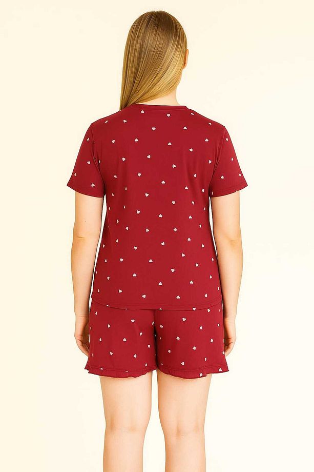 Kalp Desenli Kırmızı Kısa Kollu Şortlu Pijama Takımı - 2