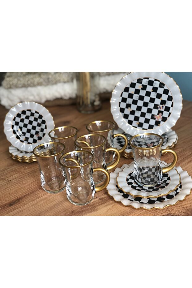 Checkerboard Patterned Curved 18 Piece Tea Enjoyment Set (Glass with Handle) - 2