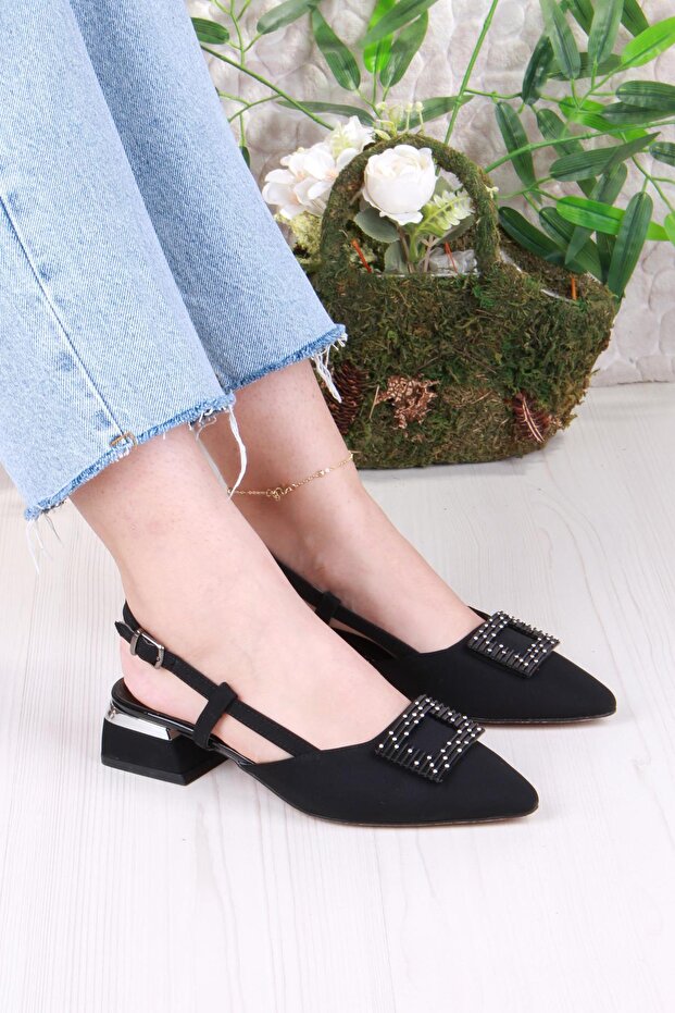 077-2058 Fls Satin Buckle Detailed Low Heel Open Back Closed Front Women's Shoes