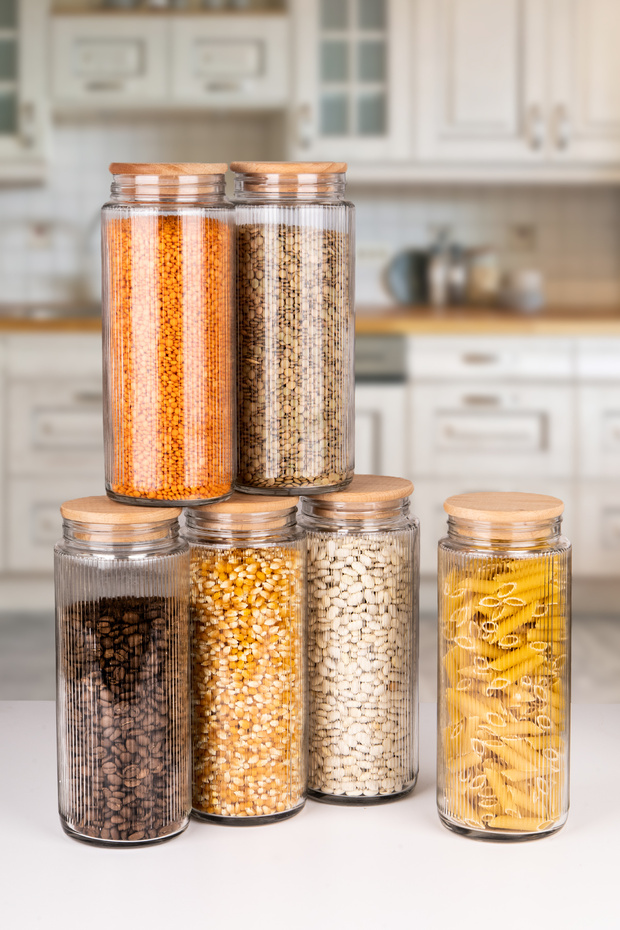 6 Pieces Wooden Vacuum Lid Glass Jar and Food Storage Container and Organizer 1500 ml