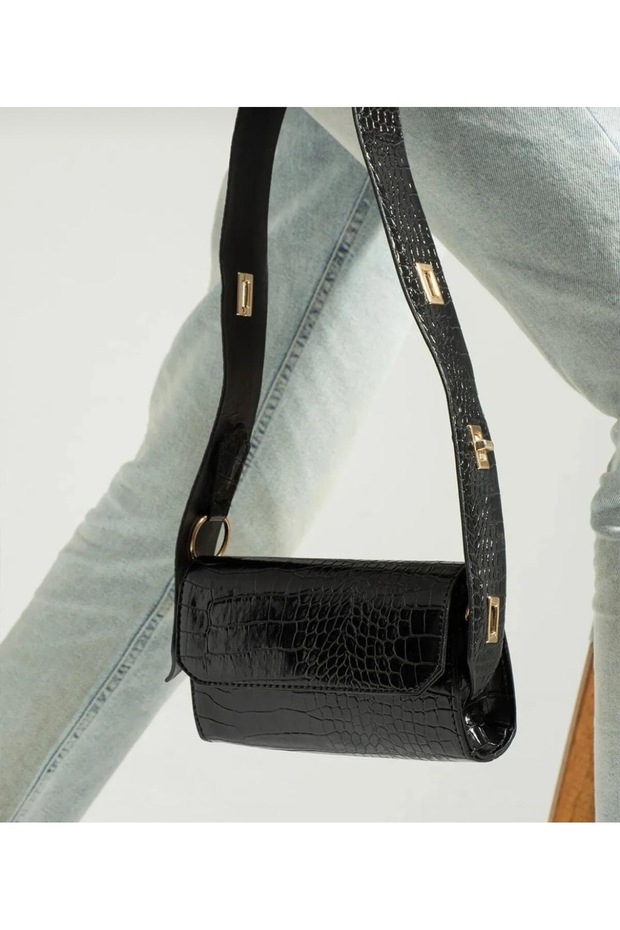 حقيبة تمساح أسود بطول حزام قابل للتعديل متوسطة الحجم - 3