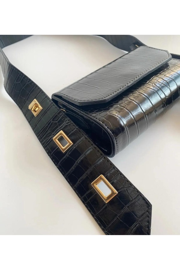 حقيبة تمساح أسود بطول حزام قابل للتعديل متوسطة الحجم - 2