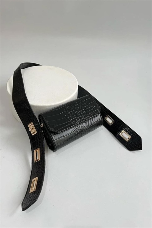 حقيبة تمساح أسود بطول حزام قابل للتعديل متوسطة الحجم - 1