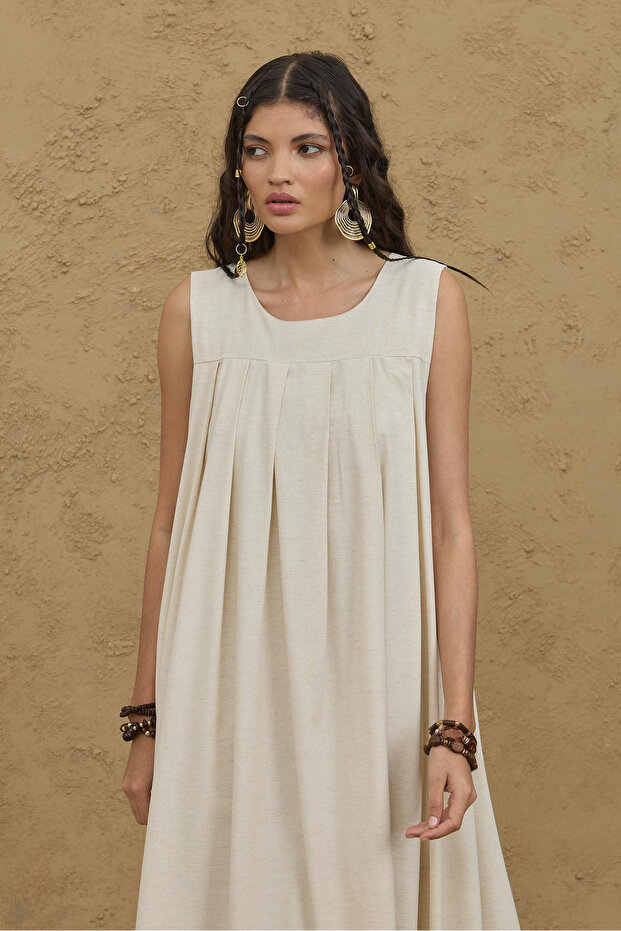 Pleated Thick Strap Dress Natural