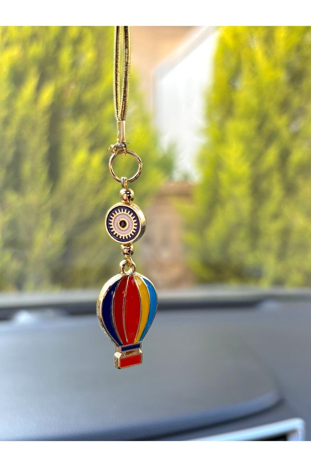 Metal Round Evil Eye Beaded Car Mirror Ornament with Gilded Flying Balloon Car Charm Evil Eye Protection