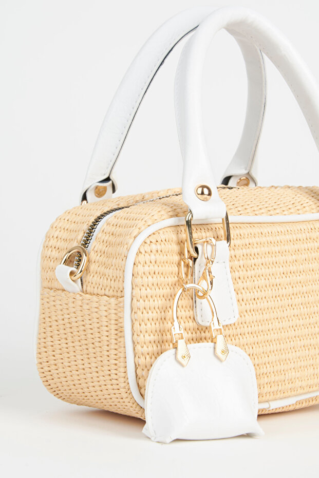 Women's Cedar Wicker White Zipper Closure Handbag and Shoulder Bag with Charm Accessories