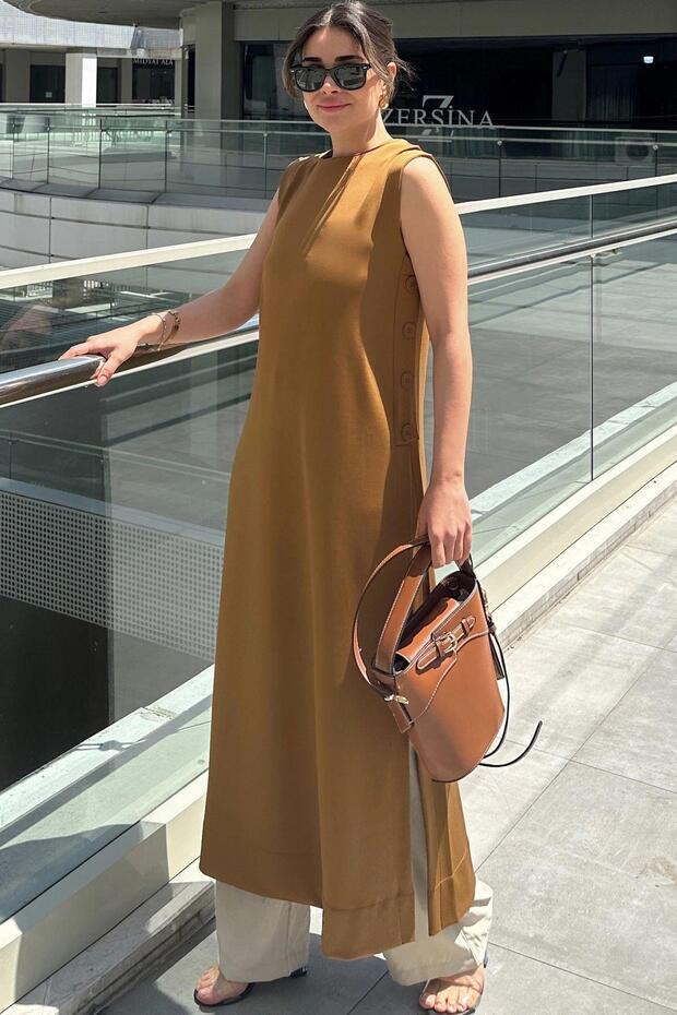 Women's Coffee-Colored Scuba Dress Tunic with Slit and Button Detail - 700-3561