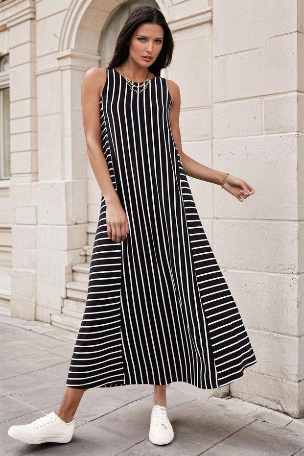 Women's Black and White Striped Combed Cotton Zero Sleeve Long Dress - 700-K5325