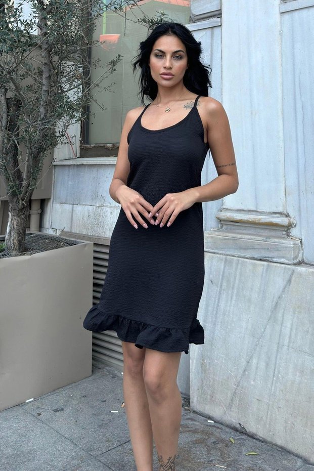 Women's Black Strappy Skirt with Ruffles at the Hem, Self-Textured Seersucker Fabric, Wear-And-Go Dress - 700-3653