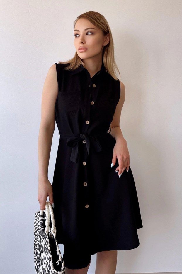 Women's Black Double Pocket Belted Shirt Dress - 700-2945