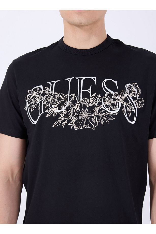 Bisiklet Yaka Desenli Siyah Erkek T-Shirt M5GI17K8FQ4JBLK SS CN GUESS FLOWER - 4