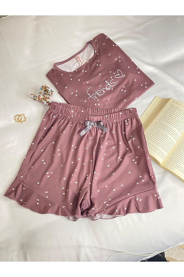 Kalp Desenli Gül Kurusu Renkli Kısa Kollu Şortlu Pijama Takımı - 3