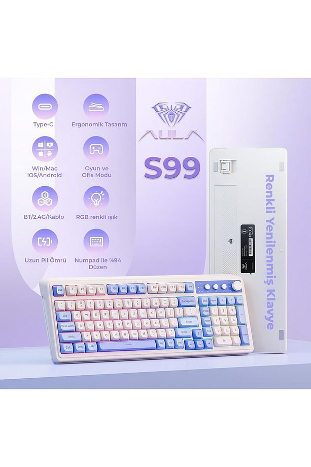 S99 Retro Rgb Gaming 3 Modlu Bluetooth/2.4ghz/usb-c Kablosuz Makrolu Türkçe Q Klavye Mavi - 3