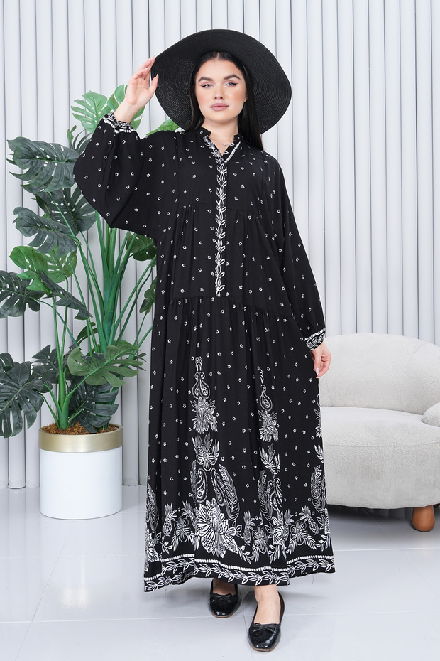 Women's Patterned Plus Size Hijab Viscose Dress Black