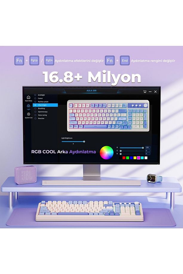 S99 Retro Rgb Gaming 3 Modlu Bluetooth/2.4ghz/usb-c Kablosuz Makrolu Türkçe Q Klavye Mavi - 5