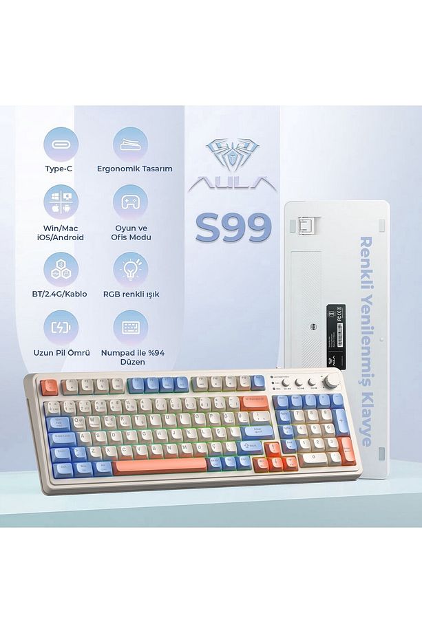 S99 Retro Rgb Gaming 3 Modlu Bluetooth/2.4ghz/usb-c Kablosuz Makrolu Türkçe Q Klavye Turuncu - 3