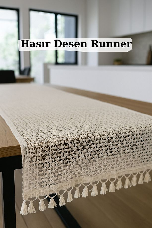 Hasır Örgü Desen Pamuklu Püsküllü Runner - 2