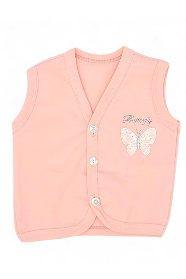 Baby Girl Butterfly Embroidered Buttoned Seasonal Combed Cotton Vest