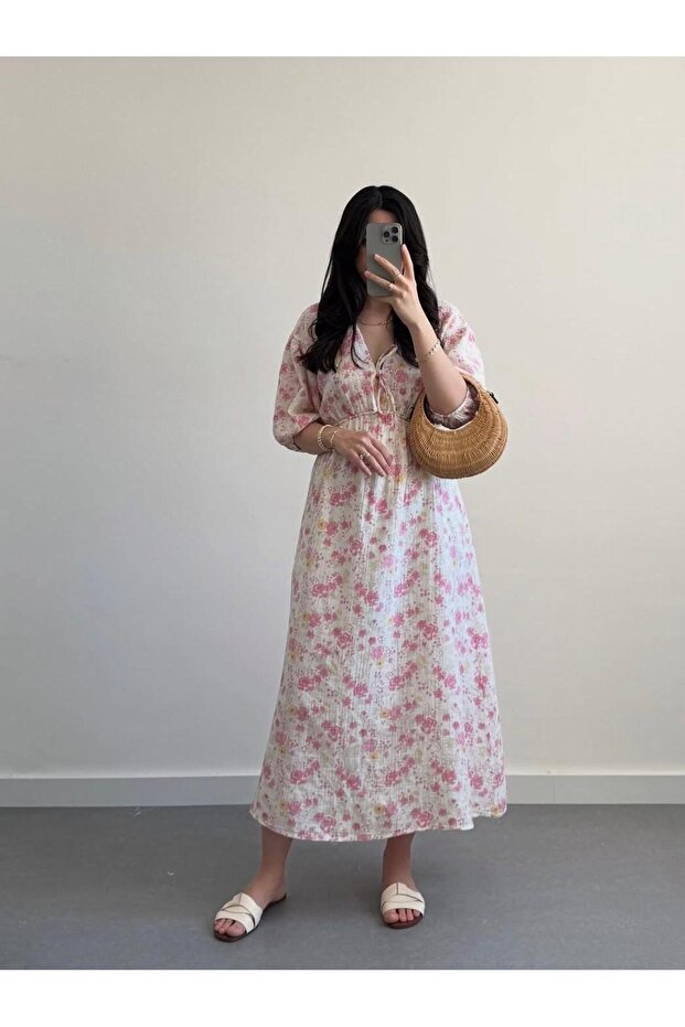 Çiçekli Kabarık Kollu Astarlı Müslin Elbise - 1