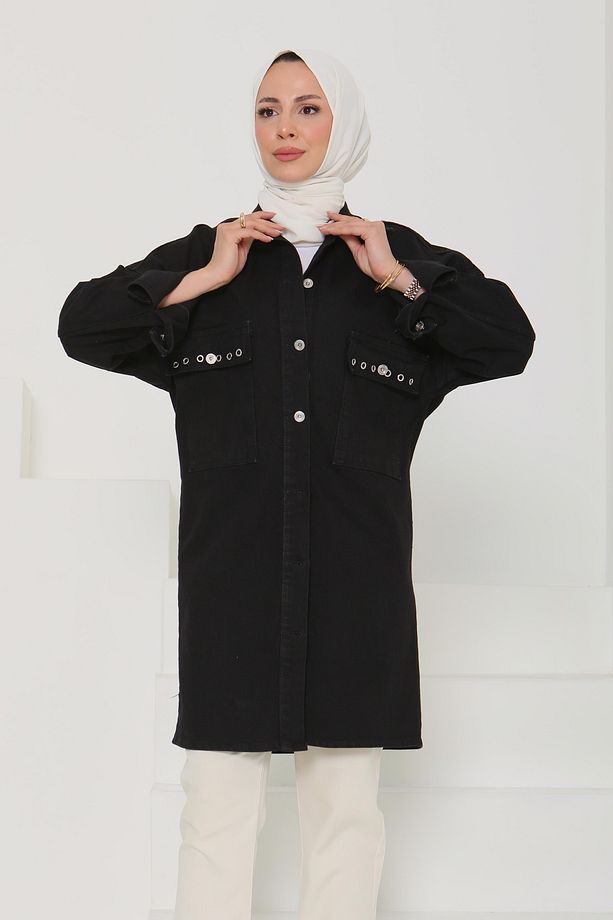 Kadın Oversize Kuş Gözü Cepli Kot Ceket Siyah - 26579 - 4