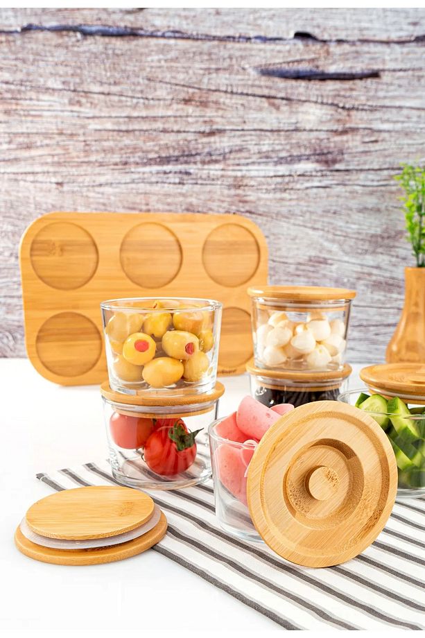 Bambu Kahvaltı Seti 13 Parça+( 2li Yuvarlak Tabak,3Parça Peynir Servis Seti,6lı Çay Bardağı Altlığı) - 2