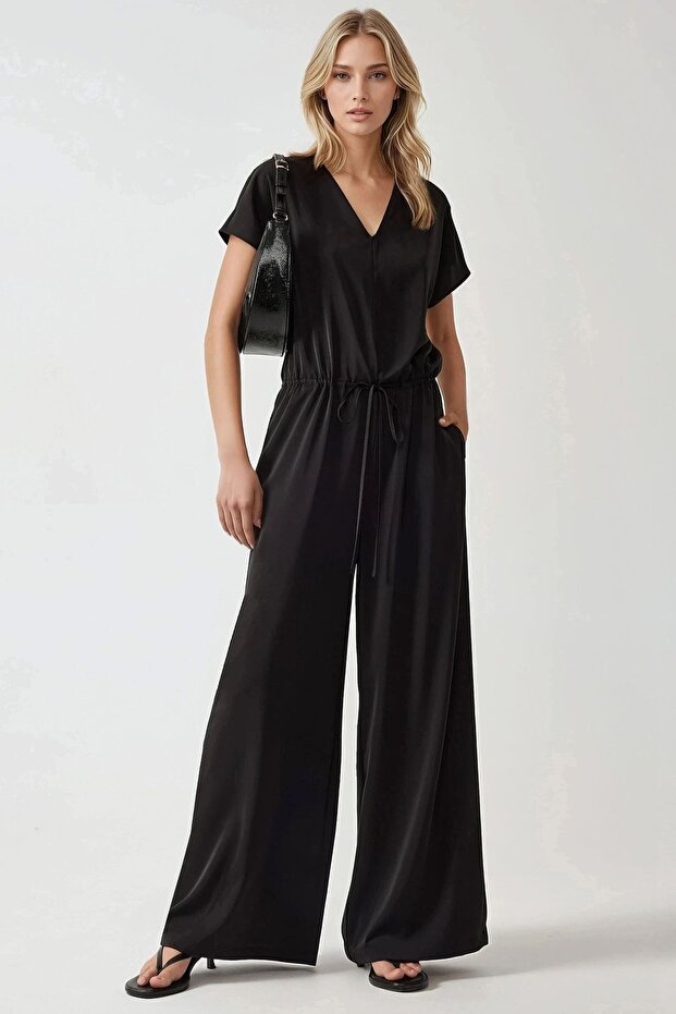 Wide Leg V Neck Elastic Waist Jumpsuit