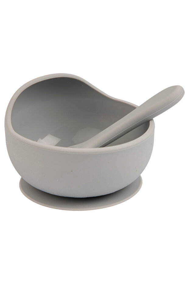 BabiesBasic Feeding Set, 2 Piece Silicone Set with Silicone Suction Bowl and Silicone Spoon - Grey