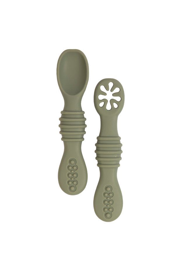 BabiesBasic Soft Tip BPA Free Silicone First Stage Training Spoon with Masher- Bottle Green