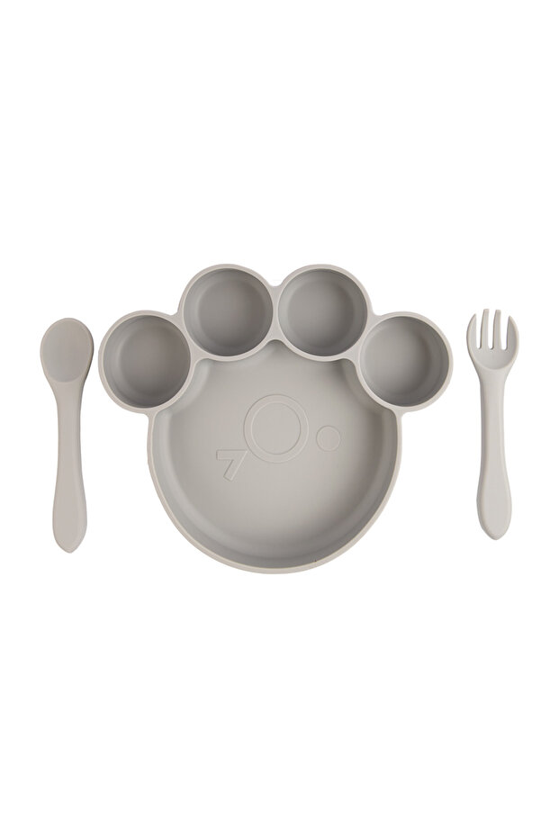 3 Piece Silicone Feeding Set, with Silicone Suction Plate, Spoon and Fork - Grey