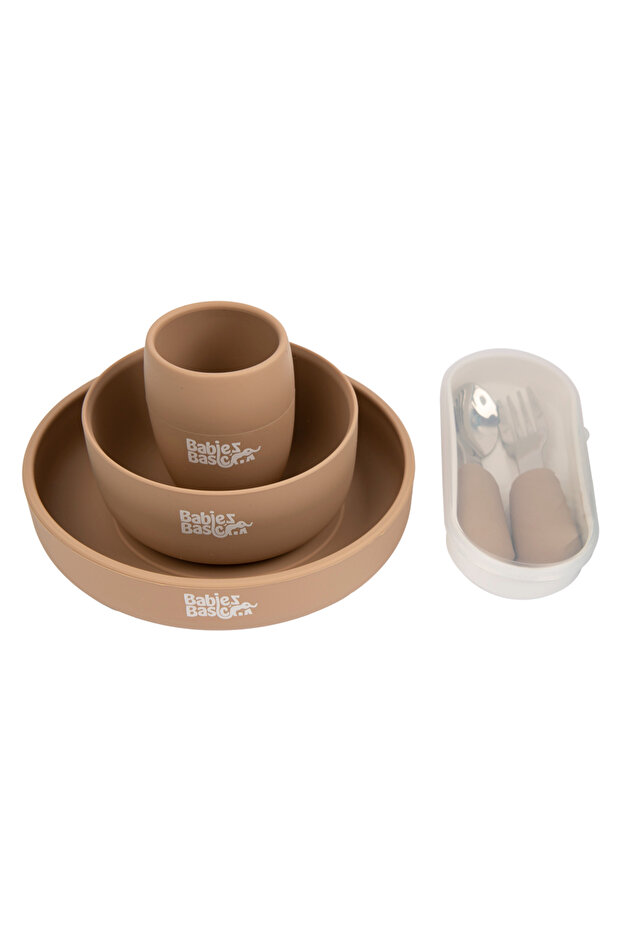 BabiesBasic 5 pc Set with silicone plate, bowl, cup and stainless steel cutlery with case - Brown