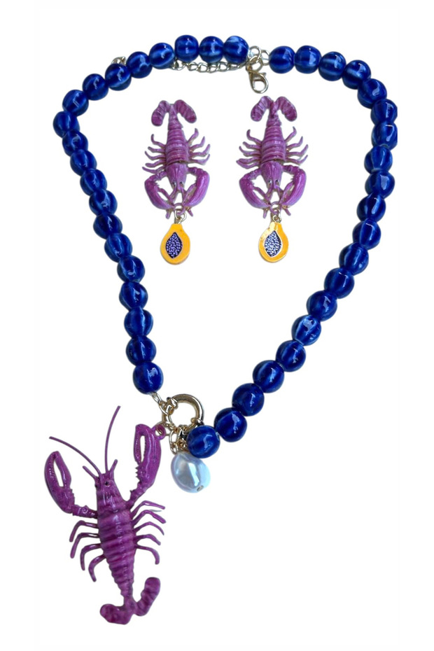 Pembe Renk Istakoz Uçlu Lacivert Renk Taş Kolye - 3