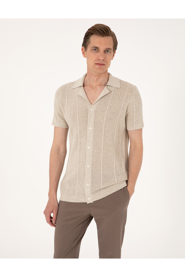 Beige Slim Fit Short Sleeve Button Knitwear Cardigan 50305993-Vr011