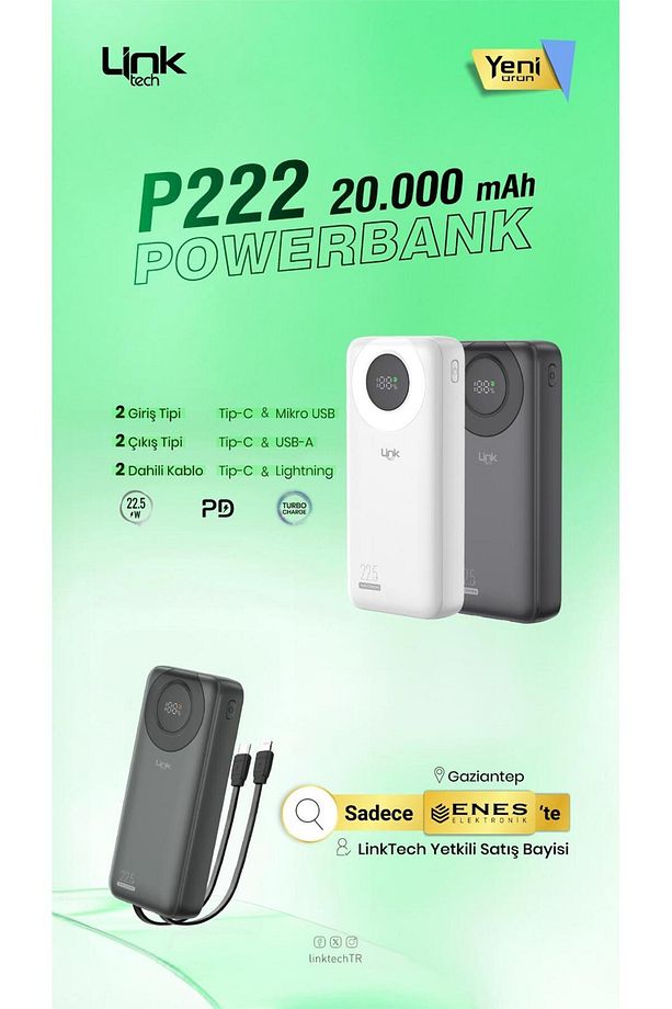 Link Tech P222 20000 mah 225.5 w siyah renk powerbank - 1