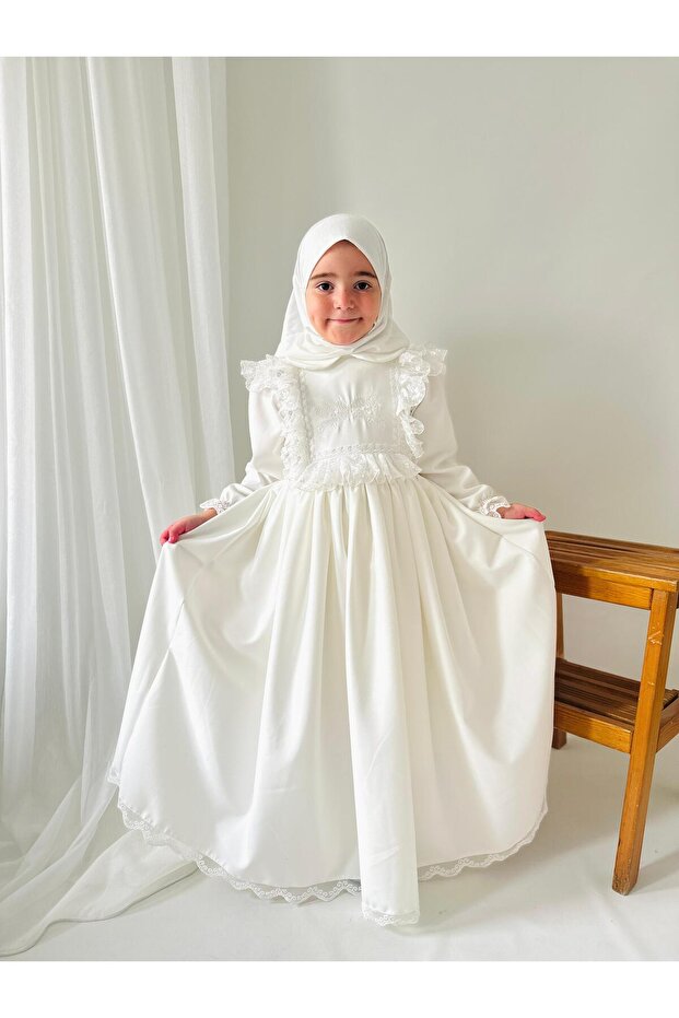 Kız Çocuk Tesettür Elbisesi Merasim Elbisesi,Başörtülü takım 3-12 Yaş Uygun - 5